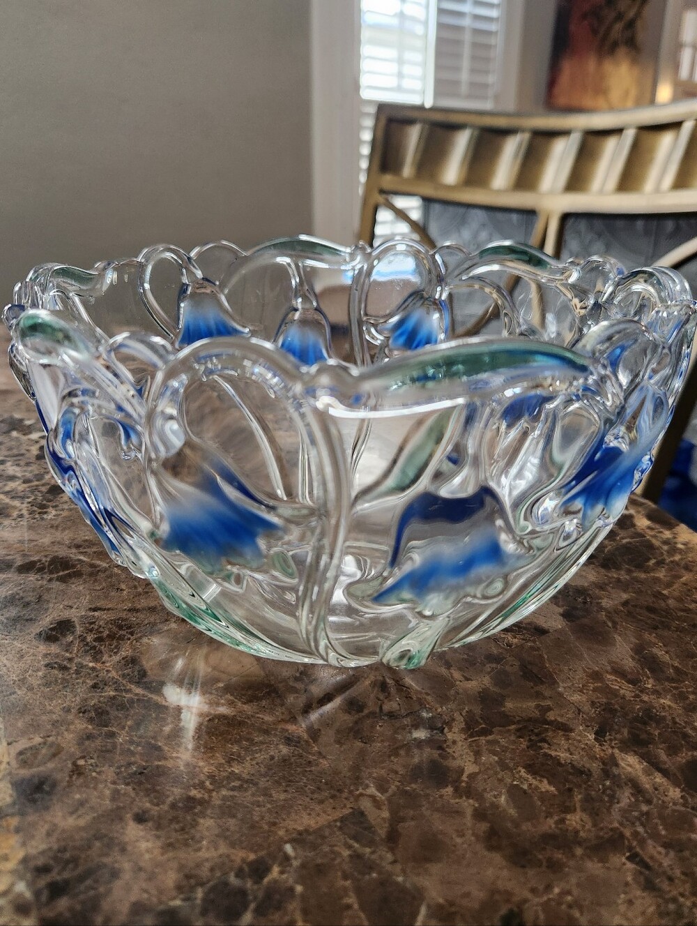 Vintage Hand-Blown Clear MIKASA Glass Decorative Bowl with Blue Bell Flowers